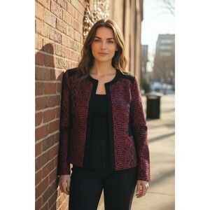 Kasper Women's Red Black Textured Snake Print Collarless Blazer Jacket Size 8